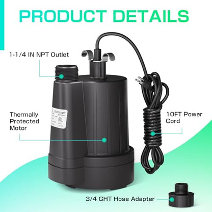 D-HONOR Sump Pump Submersible Utility Water Pump 1/3HP 2400GPH - size: 1/3HP 2400GPH