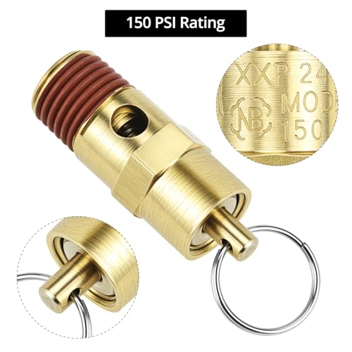 QWORK Brass Pressure Relief Valve (2 Pack) - 1/4 Inch NPT Threaded, 150 PSI Rating, Air Compressor Check Valve with Seal Thread Locks