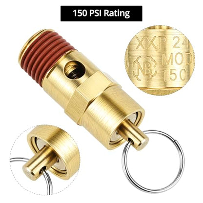 QWORK Brass Pressure Relief Valve (2 Pack) - 1/4 Inch NPT Threaded, 150 PSI Rating, Air Compressor Check Valve with Seal Thread Locks