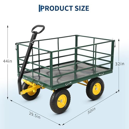 1500 lbs Heavy Duty Steel Garden Cart – 13-Inch All-Terrain Wheels, Removable Mesh Sides, Swivel Handle – Multipurpose Yard Wagon for Lawn, Farm, Tools, Firewood – Dark Green, Yellow Hubs, - color: Green