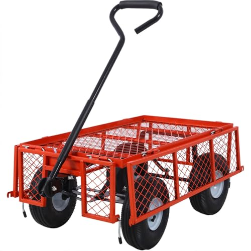 Steel Garden Cart, 550 lbs Capacity Heavy Duty Garden Wagons with Removable Steel Mesh, Sides to Convert Into Flatbed, Folding Utility Heavy Duty Wagons Carts for Yard, Garden, Farm,Red