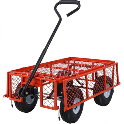 Steel Garden Cart, 550 lbs Capacity Heavy Duty Garden Wagons with Removable Steel Mesh, Sides to Convert Into Flatbed, Folding Utility Heavy Duty Wagons Carts for Yard, Garden, Farm,Red