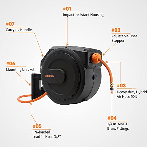Giraffe Tools Retractable Air Hose Reel Enclosed with 3/8" x 50 ft, 300 PSI - color: Black
