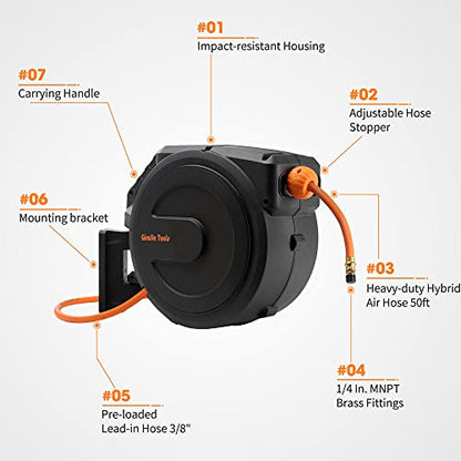 Giraffe Tools Retractable Air Hose Reel Enclosed with 3/8" x 50 ft, 300 PSI - color: Black