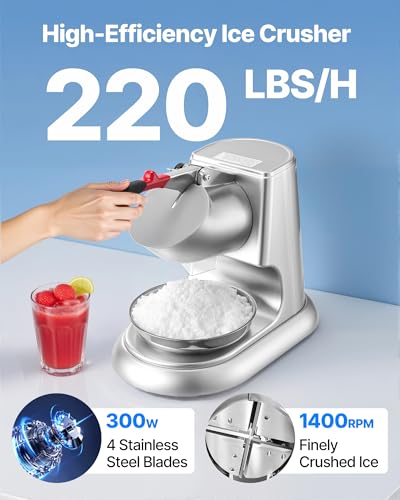 VEVOR Ice Crusher Machine, 220lbs Per Hour Electric 4 Blades Snow Cone Maker, Stainless Steel Shaved Ice Machine with Bowl and Cover, 300W 2000RPM Ice-Shaver for Home and Commercial Use, Silver - color: Silver