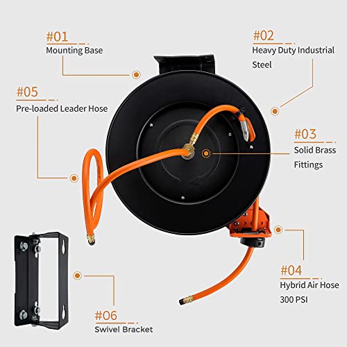 Giraffe Tools TA10 Retractable Air Hose Reel, 3/8" x 25ft, Open Steel - size: 25FT