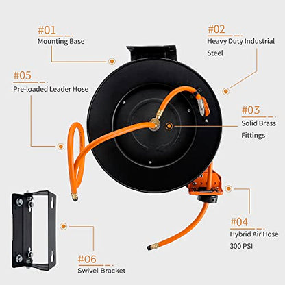 Giraffe Tools TA10 Retractable Air Hose Reel, 3/8" x 25ft, Open Steel - size: 25FT