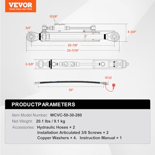 VEVOR Hydraulic Top Link Cat.1-1 (11 in, 20-7/8~31-7/8 in), Hydraulic Cylinder with 2 Hoses & G3/8" Check Valve | for Category 1 Tractors and 3-Point Hitch Implements, with 2 Hydraulic Hoses and G3/8 in Check Valve for Top Link Adjustment - style: Cat1-1(