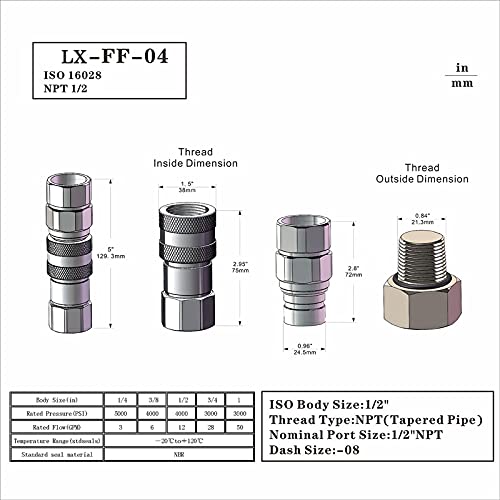 LX-FF-04 1/2" Skid Steer Bobcat Flat Face Hydraulic Quick Disconnect Coupling NPT1/2 Set Quick Connect Couplers with Red Dust Caps - size: 1-Set 1/2" NPT