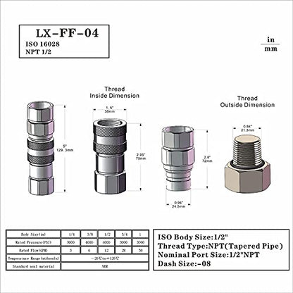 LX-FF-04 1/2" Skid Steer Bobcat Flat Face Hydraulic Quick Disconnect Coupling NPT1/2 Set Quick Connect Couplers with Red Dust Caps - size: 1-Set 1/2" NPT
