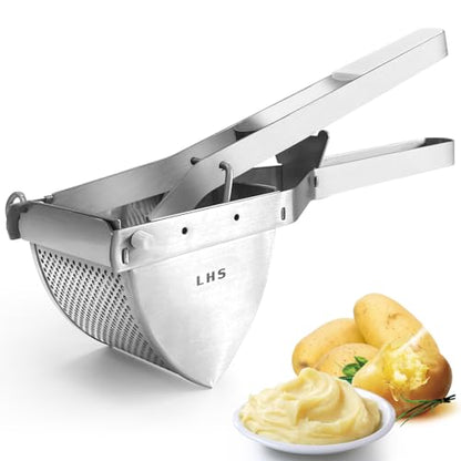 LHS Stainless Steel Potato Ricer and Masher, Heavy Duty Commercial Food Masher, Ergonomic Comfort Grip, Extra Large Capacity, Dishwasher Safe (White) - color: White