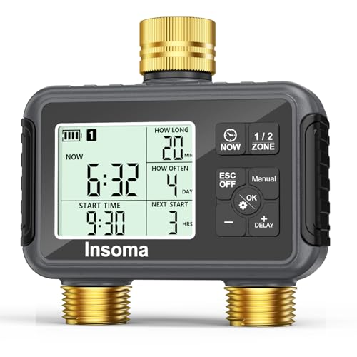 Insoma Water Timer with Brass Inlet & Outlet, 2 Independent Zones Outdoor Hose Timer for Garden Faucet with Auto/Manual/Rain Delay Mode, Sprinkler Irrigation Controller for Yard Lawn - size: 2 Outlets