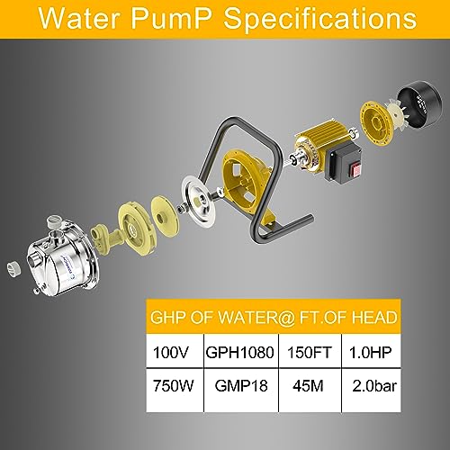 TDRRICH 1HP Water Pressure Booster Pump for Whole House,Shallow Well Portable Water Stainless Steel Pumps，Self-priming Jet Transfer Pump Switch Automatic 110v AC for Lawn Garden Sprinkler Irrigation