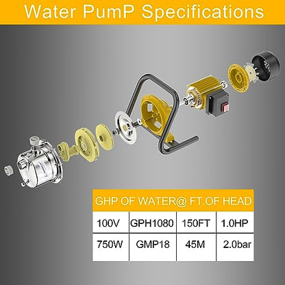 TDRRICH 1HP Water Pressure Booster Pump for Whole House,Shallow Well Portable Water Stainless Steel Pumps，Self-priming Jet Transfer Pump Switch Automatic 110v AC for Lawn Garden Sprinkler Irrigation