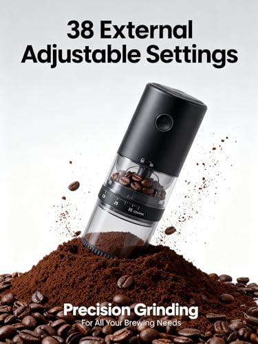 LAMIDO Portable Electric Burr Coffee Grinder - Grind While Charging - Visual Bean Hopper - 38 External Grind Settings - 1.8X Faster Grinding - 2000 mAh Battery for Travel, Camping (Matte Black, E96T) - color: Matte Black