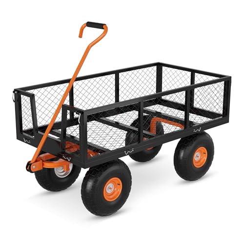 500-LBS Heavy-Duty Steel Garden Cart - Utility Outdoor Wagon with Removable Mesh Sides, Flexible Handle & 10" All-Terrain Tires, Ideal for Yard, Lawn & Garden - size: 500LBS