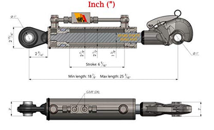 Hydraulic Top Link Cat. 2 +2 with Hook 18 7/8” - 25 3/16” Locking Block Hoses Stroke 6-5/16”