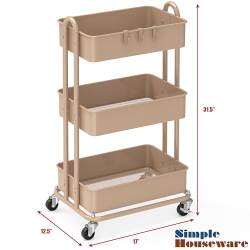 Simple Houseware 3-Tier Heavy Duty Metal Utility Rolling Cart, Khaki - color: Chrome