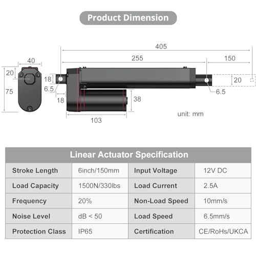 Justech 330LBS/1500N-6inch/150mm 12V Linear Actuator with Bracket, Black - size: 1500N 150mm