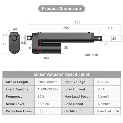 Justech 330LBS/1500N-6inch/150mm 12V Linear Actuator with Bracket, Black - size: 1500N 150mm
