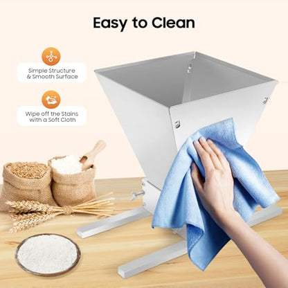 4L Malted Grain Mill - 2-Roller Stainless Steel Crusher, Heavy Duty Homebrew Grain Grinder, Adjustable Barley Crusher, Low Speed Drill Available, Manual Mill