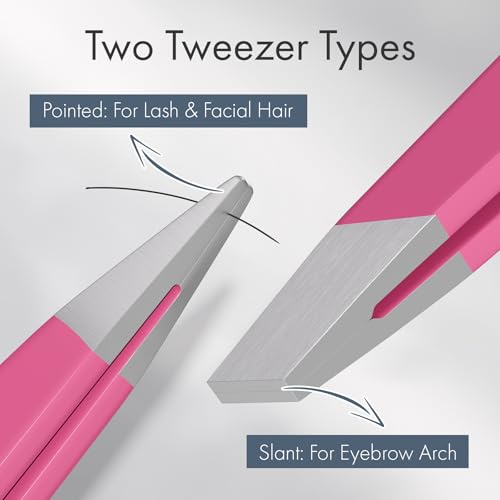 Tweezers for Women Facial Hair, Slant & Pointed Tweezers for Eyebrows, Ingrown Hair, Splinter Removal, 2 Pack Tweezer Set, Professional Stainless Steel Eyebrow Tweezers for Men and Women, Pink - color: Pink - 2 Pack