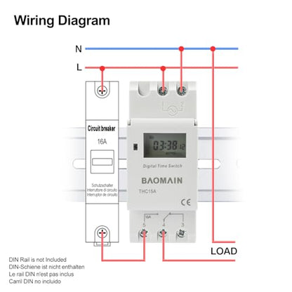 BAOMAIN THC15A 12V Digital Programmable Timer Switch,16A Weekly Relay
