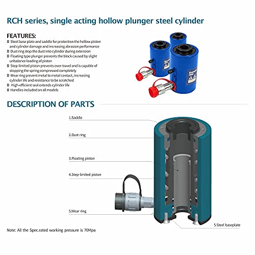 AMZCNC 20 Ton Hollow Hydraulic Ram Cylinder, 2 Inch, Single Acting - size: 20T 2Inch