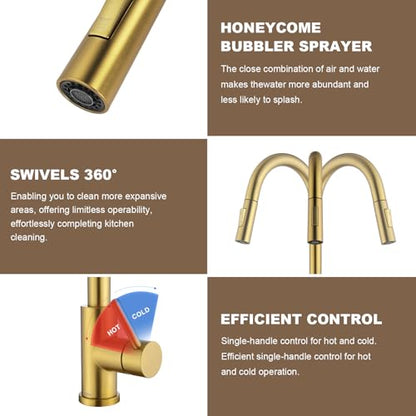 Tohlar Gold Kitchen Faucet with Pull Down Sprayer and Deck Plate - color: Brushed Gold, style: Standard
