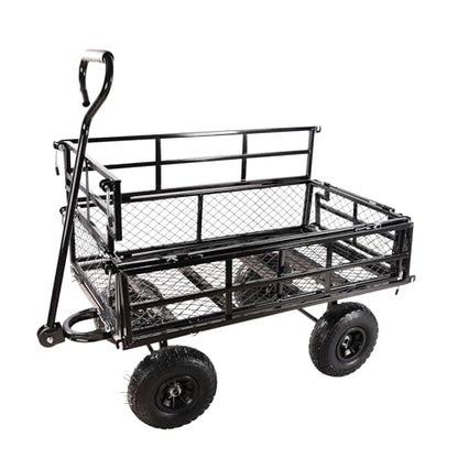 Heavy Duty Garden Wagon with Foldable Sides, Pneumatic Tires, Adjustable Handle (Black Double Layer) - color: Black Double Layer