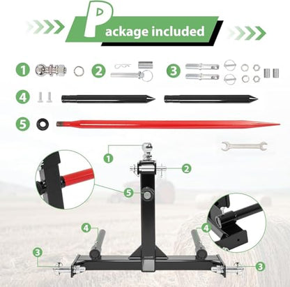Wutist 3 Point 47" Hay Spear Gooseneck Drawbar Trailer Hitch Fit for All Category 1 Tractors 3000lbs W/ 2 Stabilizers Ball Hay Quick Hitch Attachment Black Steel Powder Coated