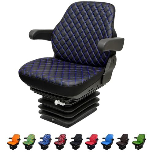 Heavy Duty Tractor Seat Cover for Cabinet Tractors Without Headrest, Forklift Seat Cover, Camuflage Pattern, 10 Colors (Black Leather - Blue Stitches) - color: Black Leather - Blue Stitches