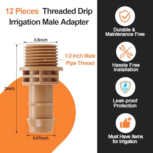 12 Pieces 1/2 Inch PVC to 1/2 Inch Drip Irrigation Adapter Fittings, 1/2" Male Pipe Thread(MPT) x 1/2" Drip Line Barbed Coupling Connectors 1/2-in PVC to 1/2-in Poly Tubing Adapter - size: 1/2" Thread To 1/2" Coupling