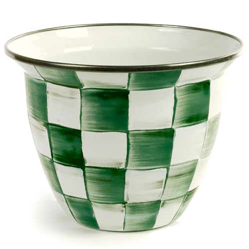MACKENZIE-CHILDS Enamel Flowerpot, Green-and-White Emerald Check