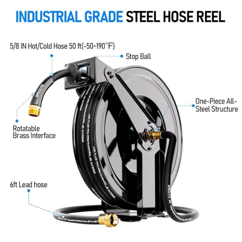 SPECILITE Retractable Garden Hose Reel with 5/8" 50ft Hot/Cold Pipe, Black - color: Black, size: 5/8'' 50 FT