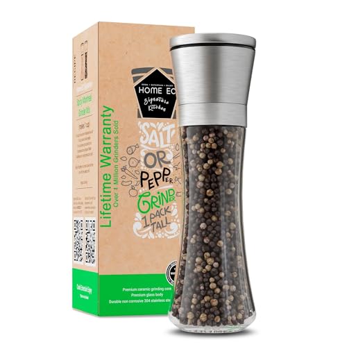 HOME EC Original Stainless Steel Salt or Pepper Grinder 1pk - Adjustable Ceramic Sea Salt Grinder or Pepper Mill - Tall Glass Spice Shaker - Spice Mill w/EBook - color: Clear Glass, size: 1pk