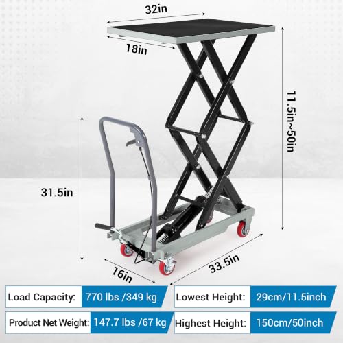 Garvee Hydraulic Lift Table Cart, 770 LBS Capacity 50" Lifting Height, Grey - color: Gray