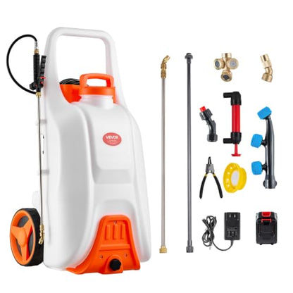 VEVOR 13.1 Gallon Battery Powered Sprayer with Wheels, Adjustable 0-80 PSI, 5 Nozzles and 98ft Hose Included, Orange - size: 13.1 Gal