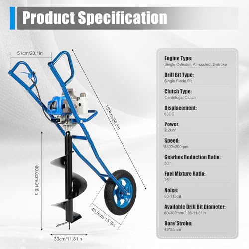 63CC 2-Stroke Hand Push Post Hole Digger with Wheel, 12" Auger Bit - color: 63CC, Blue