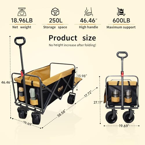 Collapsible Folding Wagon with Tailgate and Brake, Duty Utility Cart - color: Yellow, size: Large with Tailgate