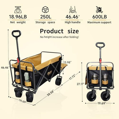 Collapsible Folding Wagon with Tailgate and Brake, Duty Utility Cart - color: Yellow, size: Large with Tailgate