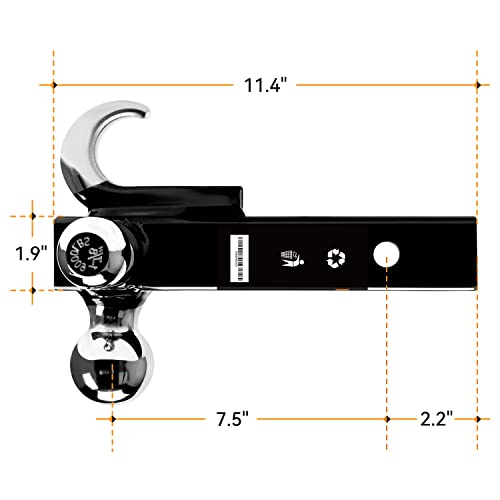 ORCISH Tri-Ball Trailer Hitch Mount with Tow Hook & Pin for 2" Receiver - color: 2"-Standard-Chrome