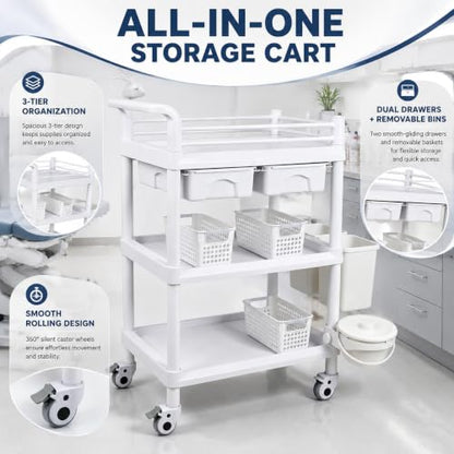 3 Tier Storage Cart with Dual Drawers, ABS Bins and PU Casters