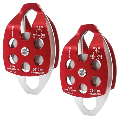 NewDoar CE Certified 30KN Large Rescue Single/Double Pulley with Swing Plate | Aluminum alloy 30kN/6746lb breaking strength,Fits rope up to 16mm ,Portable Ideal for rescue hauling & tree climbing - color: Red-Double Pulley-2pc