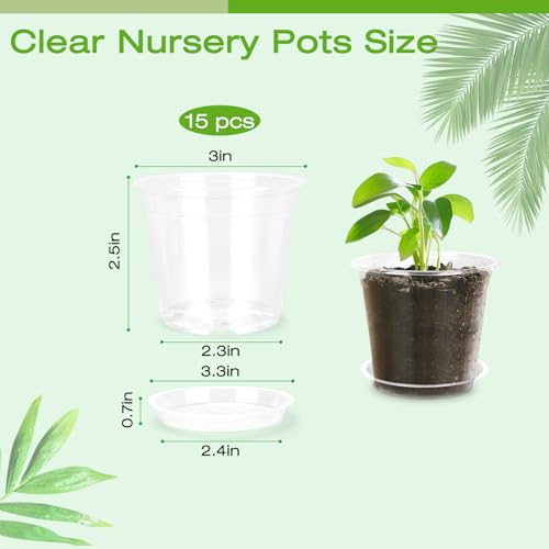 3 Inch Clear Nursery Pots with Drainage Trays, 15 Pack Plastic Pots for Plants, Clear Pot for Seed Starting, Transplanting, Succulents, and Indoor Gardening (3 inch) - size: 3 inch