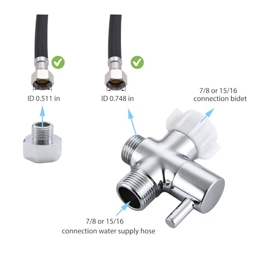 Bidet T Adapter With Shut off Valve,3 Way T Valve for Bidet, Brass T Adapter for Handheld Toilet, 7/8"×7/8"×1/2" or 3/8"