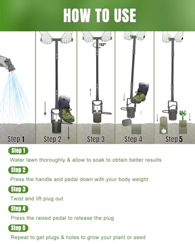 30in Long Handle Bulb Planter Tool, 5 in 1 Lawn Tool with Serrated Base - color: Green