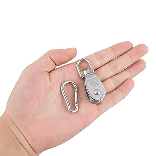 2X 304 Stainless Steel M15 Single Swivel Rope Pulley Blocks with Snap Hooks - size: M15-2pcs