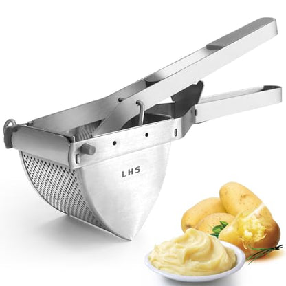 LHS Stainless Steel Potato Ricer and Masher, Heavy Duty Commercial Food Masher, Ergonomic Comfort Grip, Extra Large Capacity, Dishwasher Safe (Grey) - color: Gray