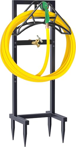 Artigarden Outdoor Garden Hose Holder Freestanding with Brass Faucet And 4 Spikes, Heavy Duty Metal Water Hose Reel Stand Hanger Rack Organizer Holds Storage 150ft Hose for Outside Yard Lawn, Black - style: Nozzle Style with Faucet